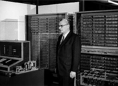 Konrad Zuse with the rebuilt Z3 in 1961