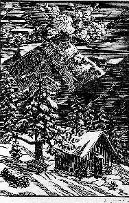 A woodcut of a hut and Erzberg mountain by Konrad Zuse